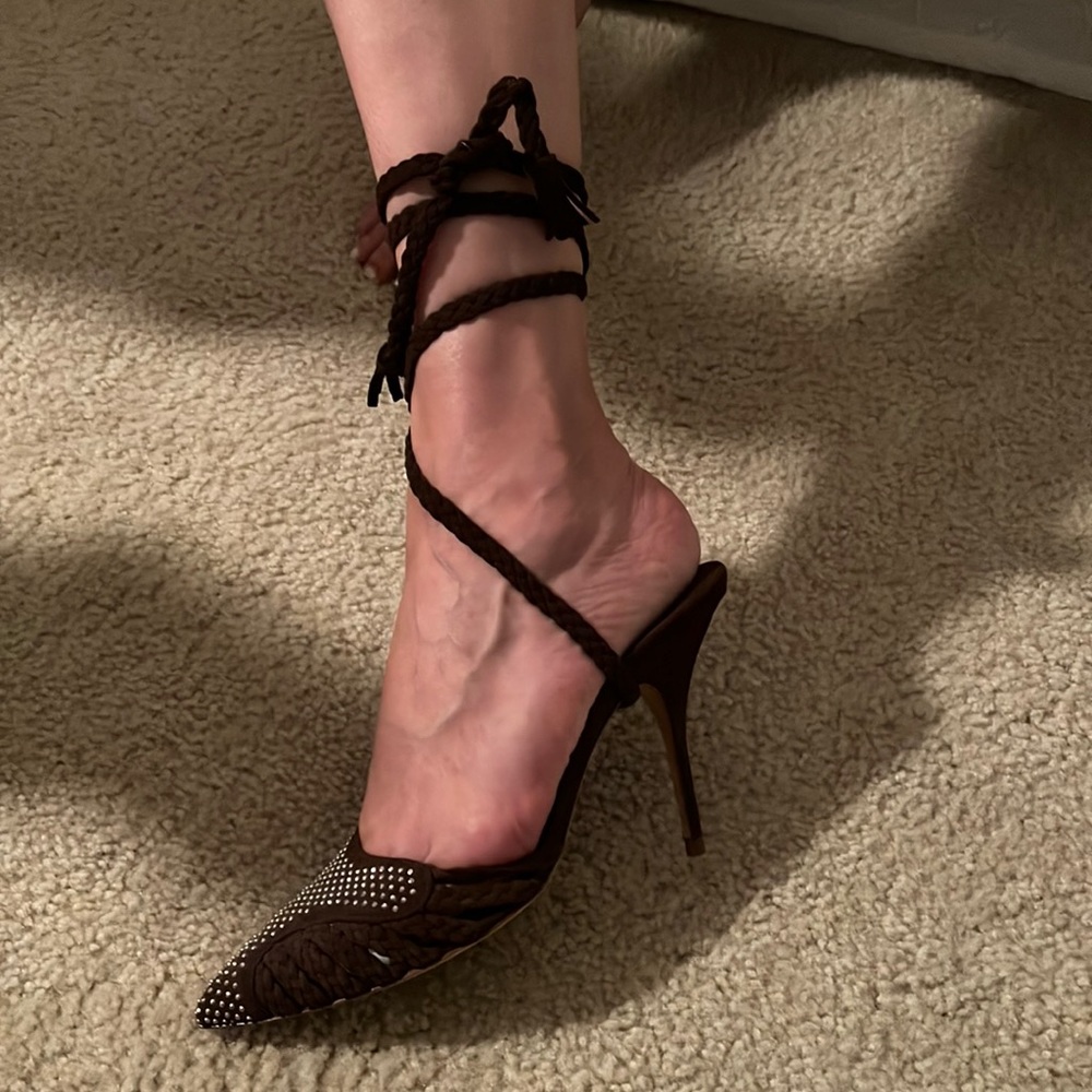 Vicari brown suede studded heels with braided brown suede ankle straps.